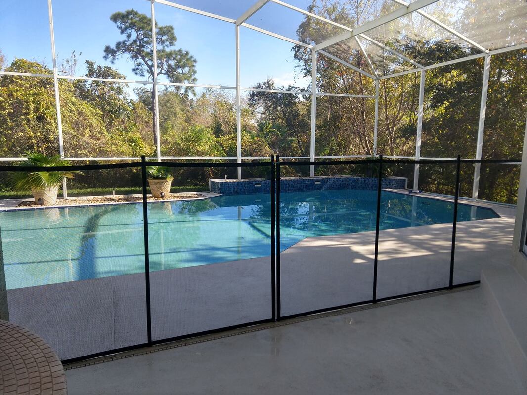 picture showing view from patio of installed pool safety fence around pool in Windermere home.